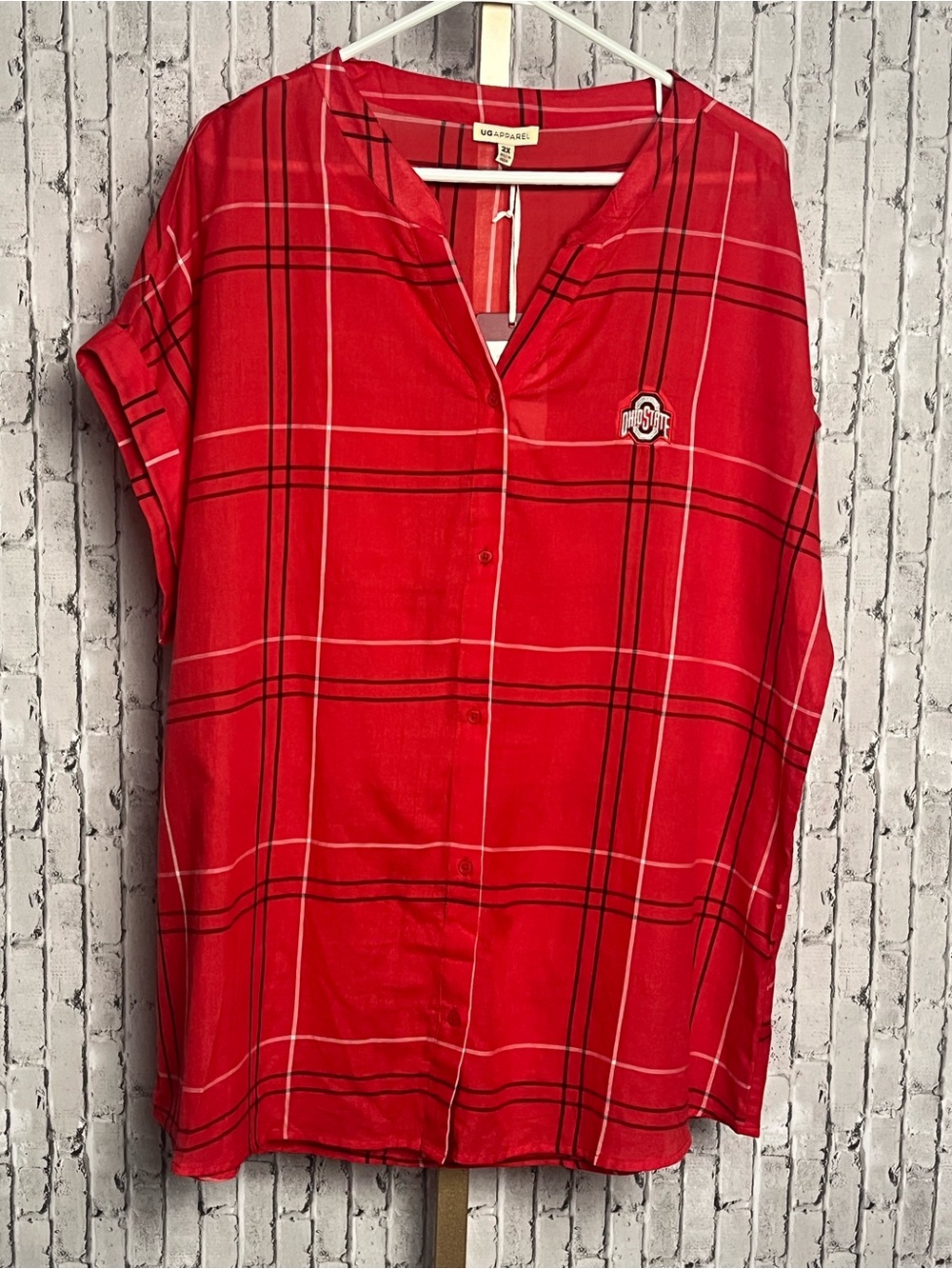 UG Apparel Ohio State Buckeyes Plaid Shirt Womens 2X Plus NWT Short Sleeve